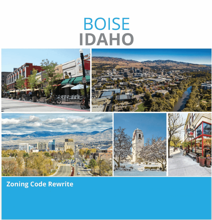 Front page of Zoning Code Rewrite draft with collage of images of Boise Idaho